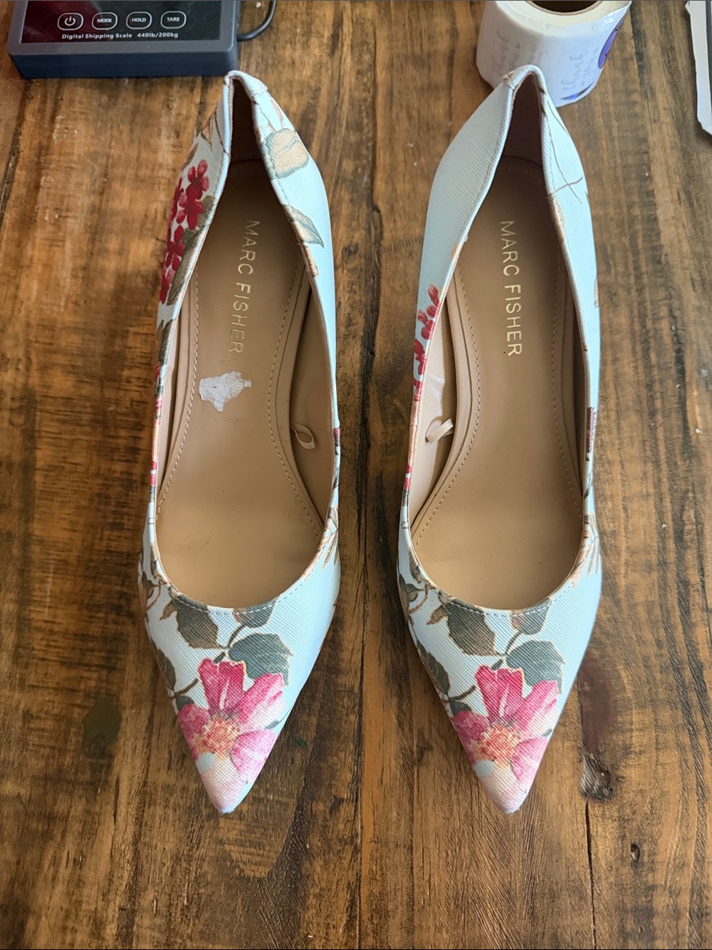 Marc Fisher Light Blue Pointed Floral Pumps with Pink Accents